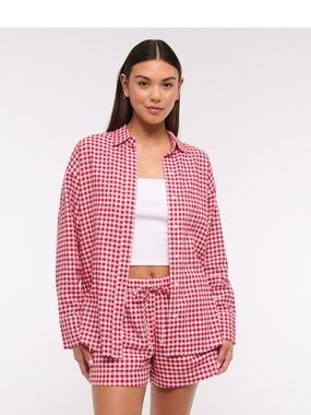 Abercrombie & Fitch Oversized Linen Blend Shirt Red Gingham EUC size M